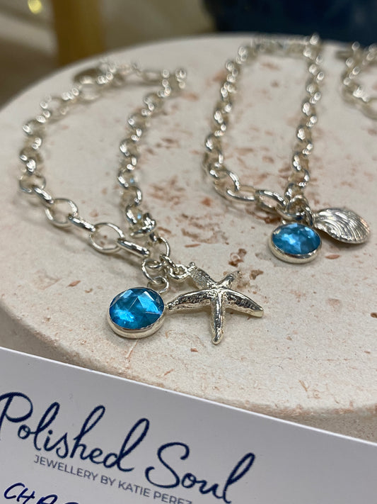 Sea Charm Bracelet (2 charms inc Blue Topaz)